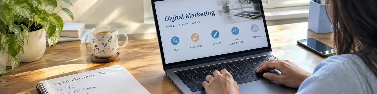 Digital marketer planning SEO, social media and online marketing strategies
